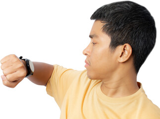 Asian young man looking at wristwatch.