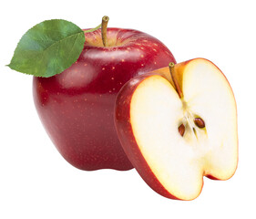 Fresh Red Apple with leaves isolated on white background, Red Royal Gala apple on white background With png file.