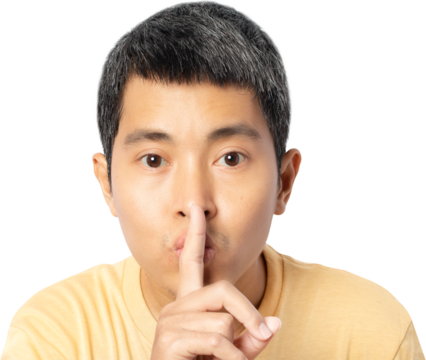 Young man making hush gesture and keep conspiracy.