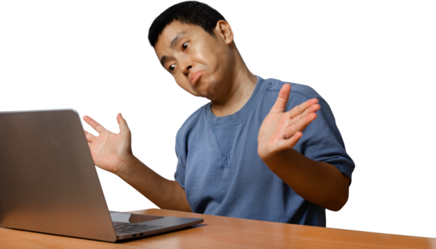 Young man using computer laptop.