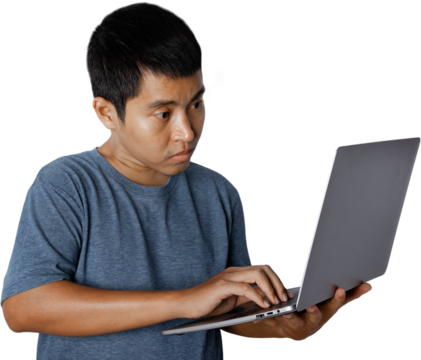 Young man using computer laptop.