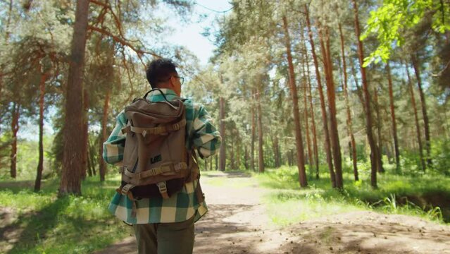Asian man tourist walking in forest. Young hiker traveling and hiking alone, guy wearing backpack. Summer tourism, wild nature.