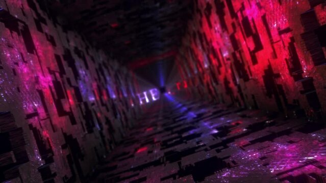 Abstract  3D The End Text at the end of tunnel grunge orange purple Hi technology  animation. 4K 3D Rendering Sci-Fi Animation with dark hitech technology