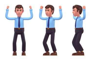 Fototapeta premium 3d render of businessman shouting in rage, angry man holding his hands up