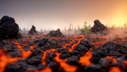 Ingelijste posters Apocalyptic volcanic landscape with hot flowing lava and smoke and ash clouds. 3D illustration. © Bisams