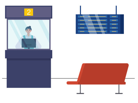 People at the station buying tickets in train tickets. The woman cashier stays on the counter to service the customer. Ai vector illustration	