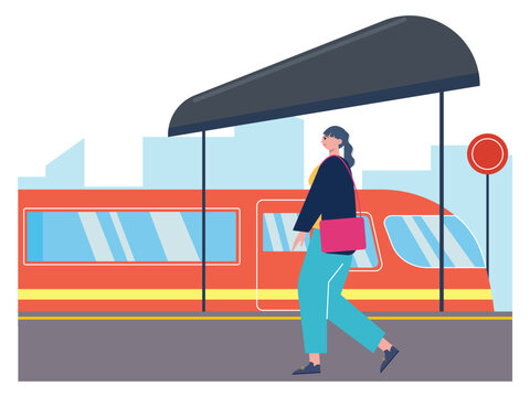 A woman waiting for the train in departure. Passengers who will enter must give priority to passengers leaving the train. Ai vector illustration
