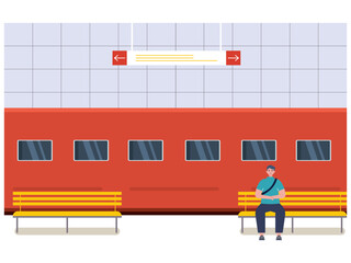 A red locomotive of train in station. A man waiting for the departure of the train time in a chair. Ai vector illustration