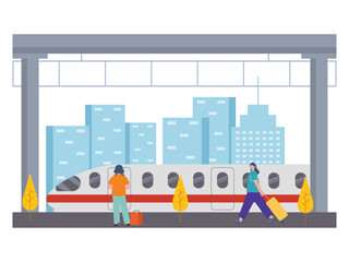 Train station in the city. The passenger come when the train is come. Ai vector illustration	