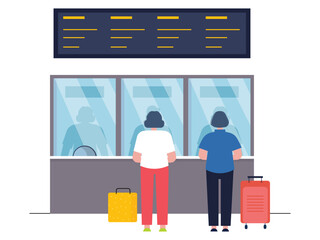 Two women order train tickets. They come to the train station bringing their suitcases for the staycation. Ai vector illustration