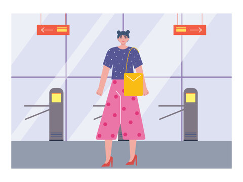 Women go to the public transportation. The public transportation is train. Ai vector illustration	