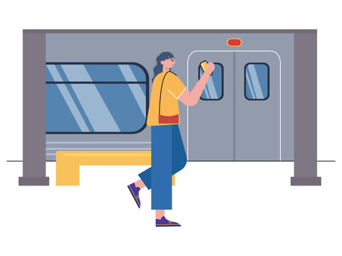 Women will travel by train but she saw that the train has left. She missed the train so she had to wait for the next train departure. Ai vector illustration	