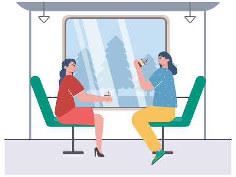 Two woman sit opposite in train. They enjoyed the scenery, told each other and ate along the way. Ai vector illustration	