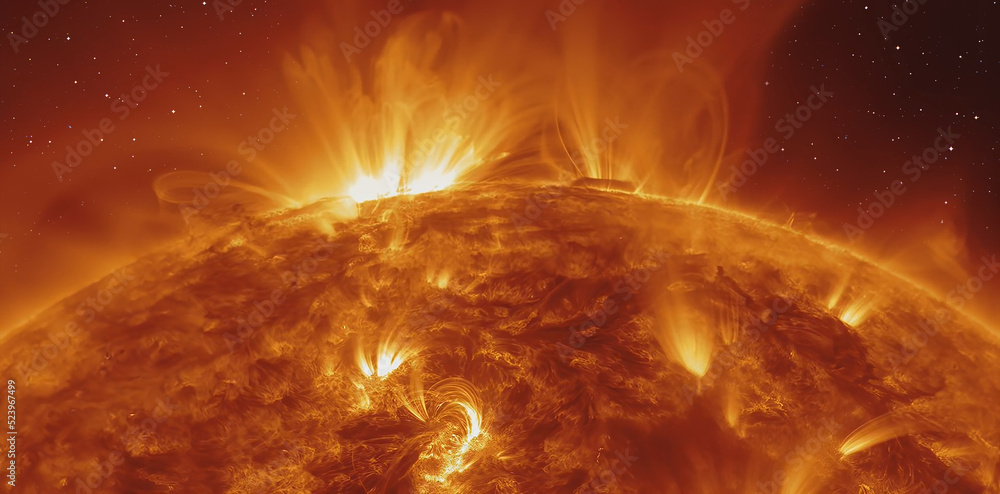 Poster our star with magnetic storms. plasma flash on the surface of a our star with lot of stars 