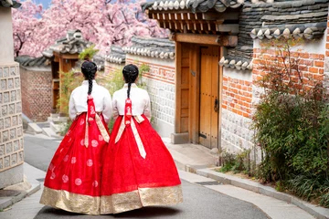 Fotobehang Asian woman traveler in traditional korean dress or hanbok dress © Anek