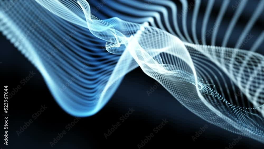 Poster futuristic video animation with particle wave object in slow motion, 4096x2304 loop 4k
