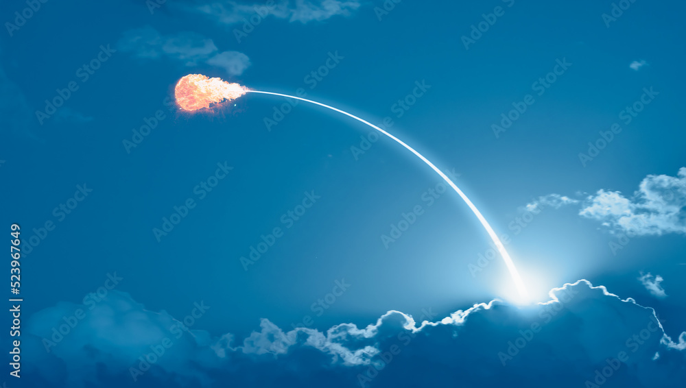 Poster air defense system - a rocket sent into space explodes in the vacuum of space - long exposure night 