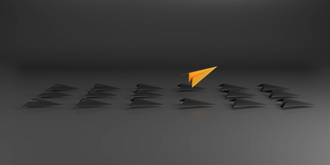 Group of black paper plane team work with gold plane leader different 3D illustration  on dark background