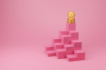 Gold coin on pink podium stand 3d illustration champion reward on pink blackground