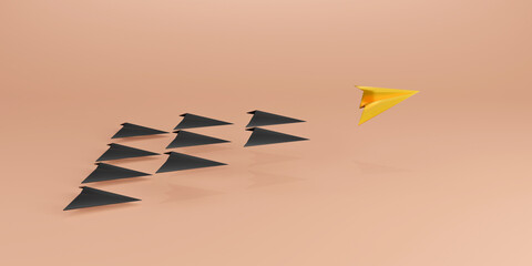 Group of black paper plane team work with gold plane leader different 3D illustration