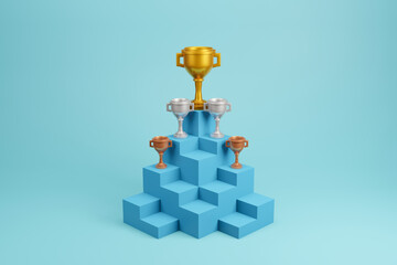 Trophy set on blue podium stand 3d illustration champion reward on blue blackground