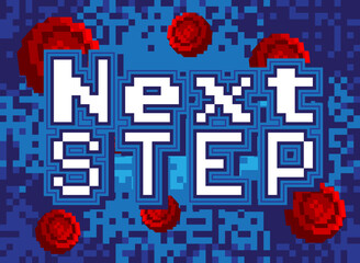 Next Step. Pixelated word with geometric graphic background. Vector cartoon illustration.