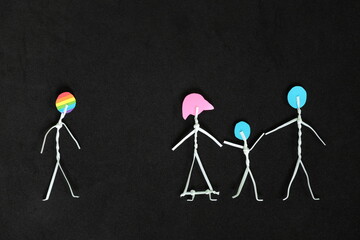 LGBT or LGBT loneliness single, unmarried and no family concept. Stick figures in dark black...