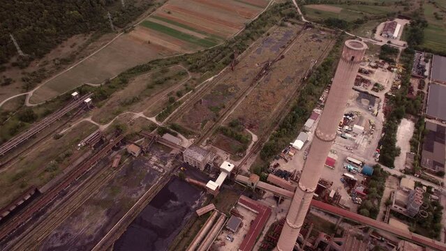 Aerial view of disaffected coal power plant, at sunset
