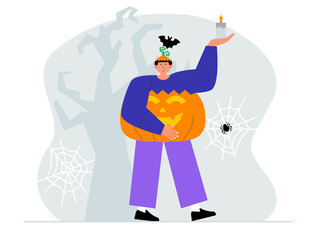 Man in pumpkin costume holding a candle during the fun of a halloween party. A shirt made of pumpkin with a carved scary face and a hat decorated with bats. Halloween vector illustration.	