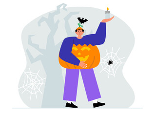 Fototapeta premium Man in pumpkin costume holding a candle during the fun of a halloween party. A shirt made of pumpkin with a carved scary face and a hat decorated with bats. Halloween vector illustration. 