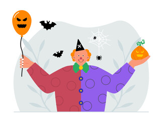 Man in clown costume during halloween celebration. Two-tone shirts, spooky balloons and pumpkin lanterns. The best decoration on a spider with a nest and flying bats. Halloween vector illustration.	