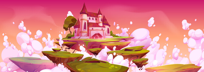 Fantasy castle floating on magic island in clouds, cartoon illustration. Vector image of royal palace on flying land with green grass and trees against beautiful pink skyline. Game ui background