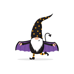 Halloween gnome. Cute scandinavian dwarf with dracula wings. Dwarf celebrate spooky night. Happy holiday poster. Vector illustration in flat cartoon style.
