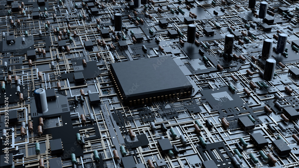 Poster cpu chip on mainboard concept, 3d rendering