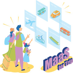旅行先でのMaaS（マース：Mobility as a Service）のアイソメイラスト