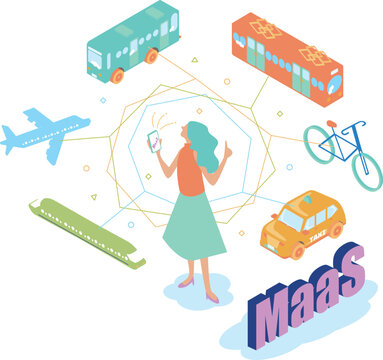 MaaS（マース：Mobility as a Service）のアイソメイラスト