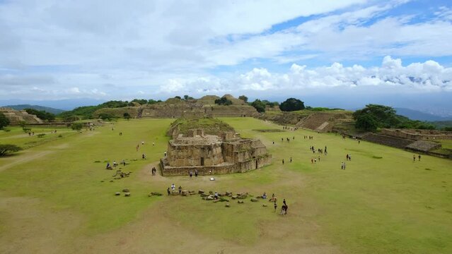aerial time lapse of monte alban pyramids ruins unesco Mexican tourist site attraction ancient Maya civilisation in Oaxaca state region