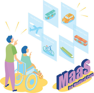 医療・福祉でのMaaS（マース：Mobility as a Service）のアイソメイラスト