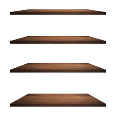 4 old wood shelves table isolated on white background and display montage for product.