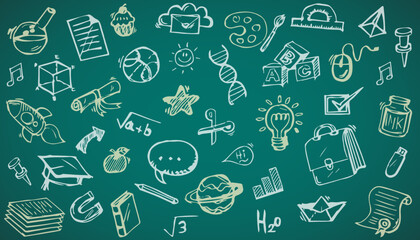 Vector pattern background back to school with education doodle icon symbols on green chalkboard. frame back to school. EPS10.