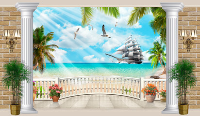 A digital collage, a view of the sea and a sailing ship passing by. Photo wallpapers. Digital mural.