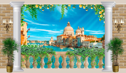 View from the balcony of the Cathedral of Santa Maria della Salute. Photo wallpapers. Digital mural. Italy. - obrazy, fototapety, plakaty