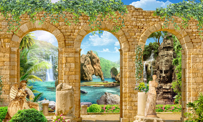 Ancient arches with statues and seascape. Photo wallpapers. Digital mural.