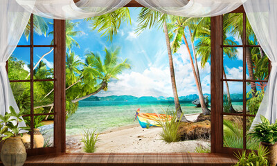 Window, door with key view of the sea beach with a boat. Digital collage. Photo wallpapers. - obrazy, fototapety, plakaty