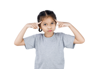 Portrait of angry little girl and both hands pointing at her head.