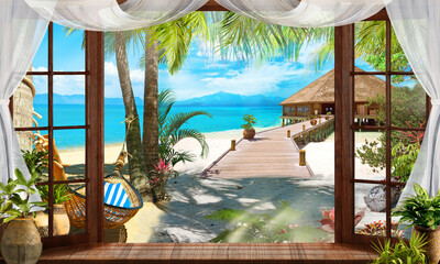View of the sea and the bungalow from the window of the house. Digital collage. Photo wallpapers.