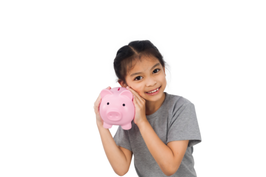 A child girl with a pink piggy bank