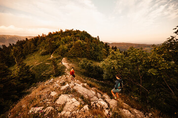 Slovakia mountains nature. Traveler hiking with backpacks on Zvolen paek  from donovaly saddle, Big...