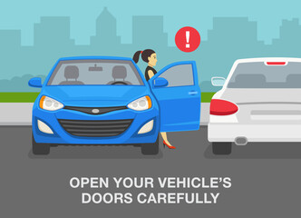 Safe parking tips and rules. Open your vehicle's doors carefully. Front view of cars on outdoor parking. Female driver opens car front door. Flat vector illustration template. © flatvectors