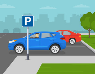Car driving tips and outdoor parking rules. Young male driver is looking back from the open window while parking reverse. Flat vector illustration template.
